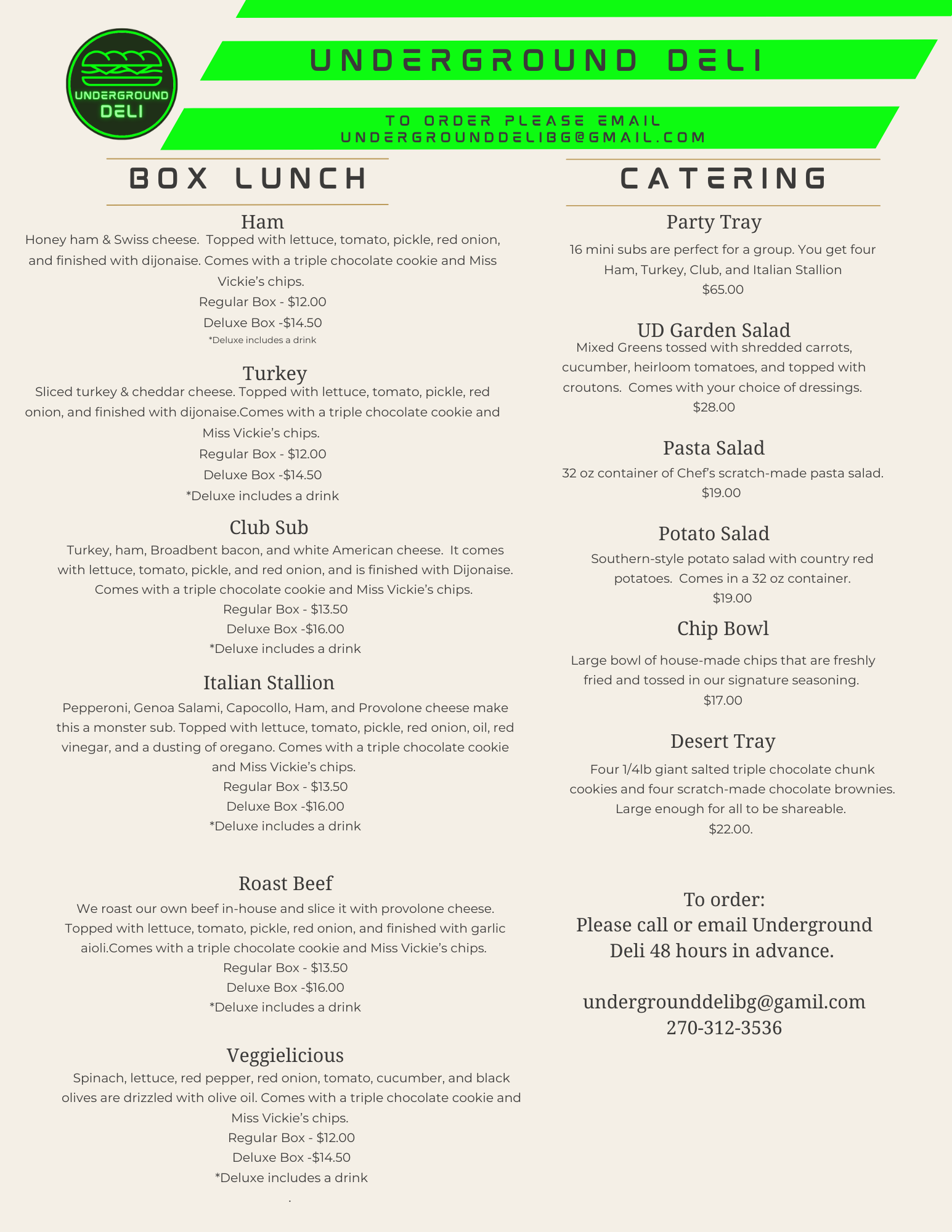 Underground Deli catering menu
